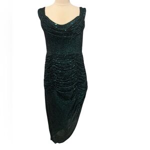 Cinderella Divine Green Asymmetrical Ruched Sheath Sequins Dress-size Medium
